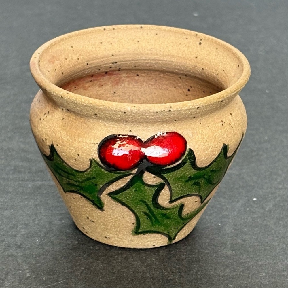 Christmas Art Pottery Bowl with Bamboo Handle Hand Painted Holly w/matching Vase - Picture 7 of 14